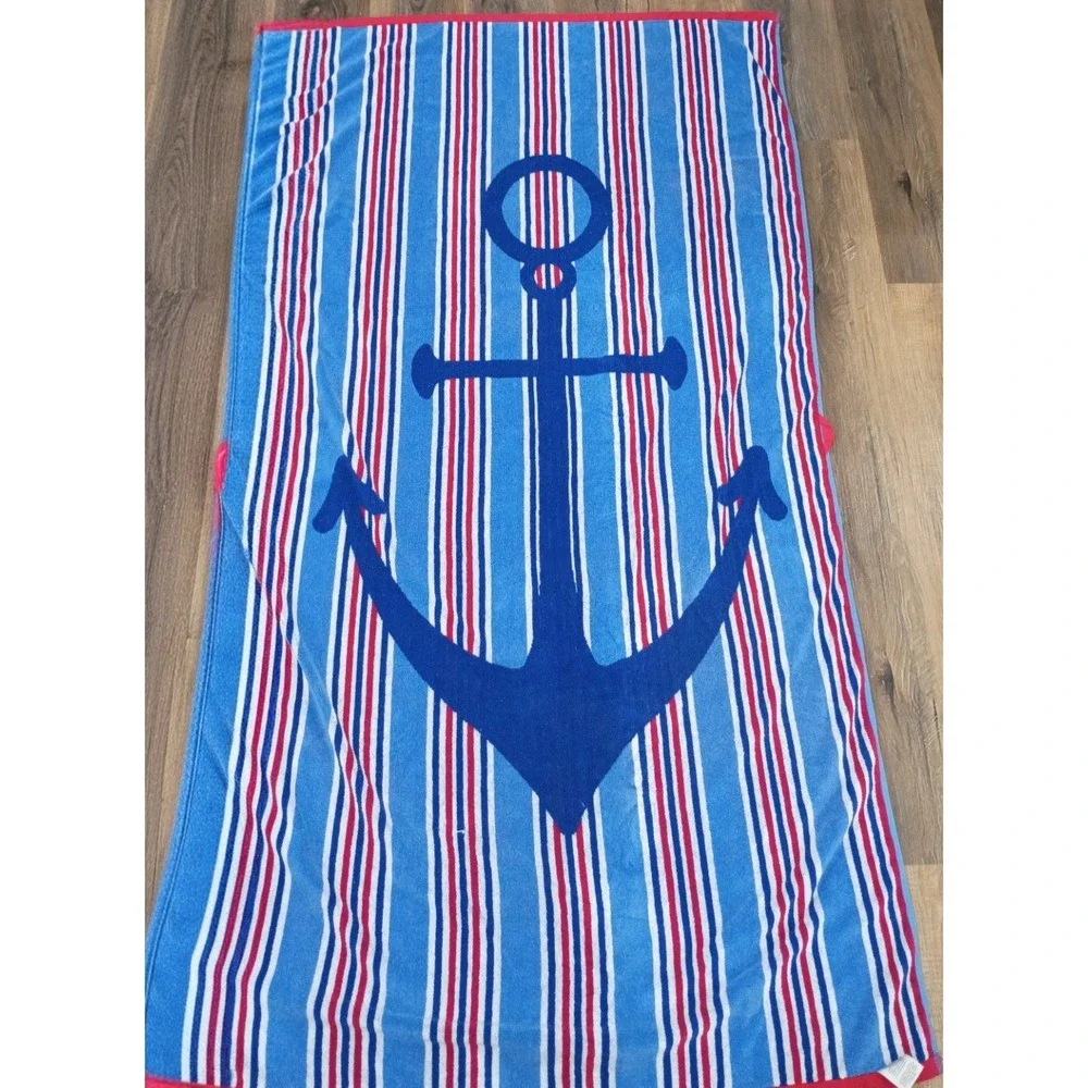 Better Homes & Gardens Nautical Anchor Beach Towel Blue Red 38x72 86% Cotton